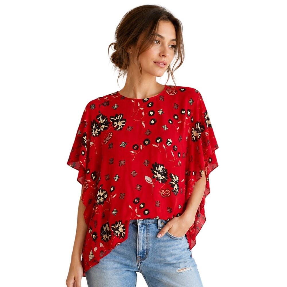 Zadig & Voltaire Rap Daisy Silk Asymmetrical Flowy Floral Blouse Red Medium